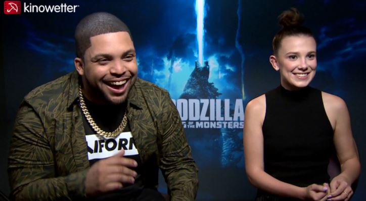 O'Shea Jackson Jr. & Millie Bobby Brown giving interview at Kinowetter studio for their Movie GODZILLA